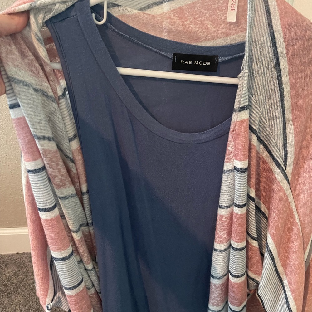 Women’s blue tank with pink and blue short sleeve cardigan